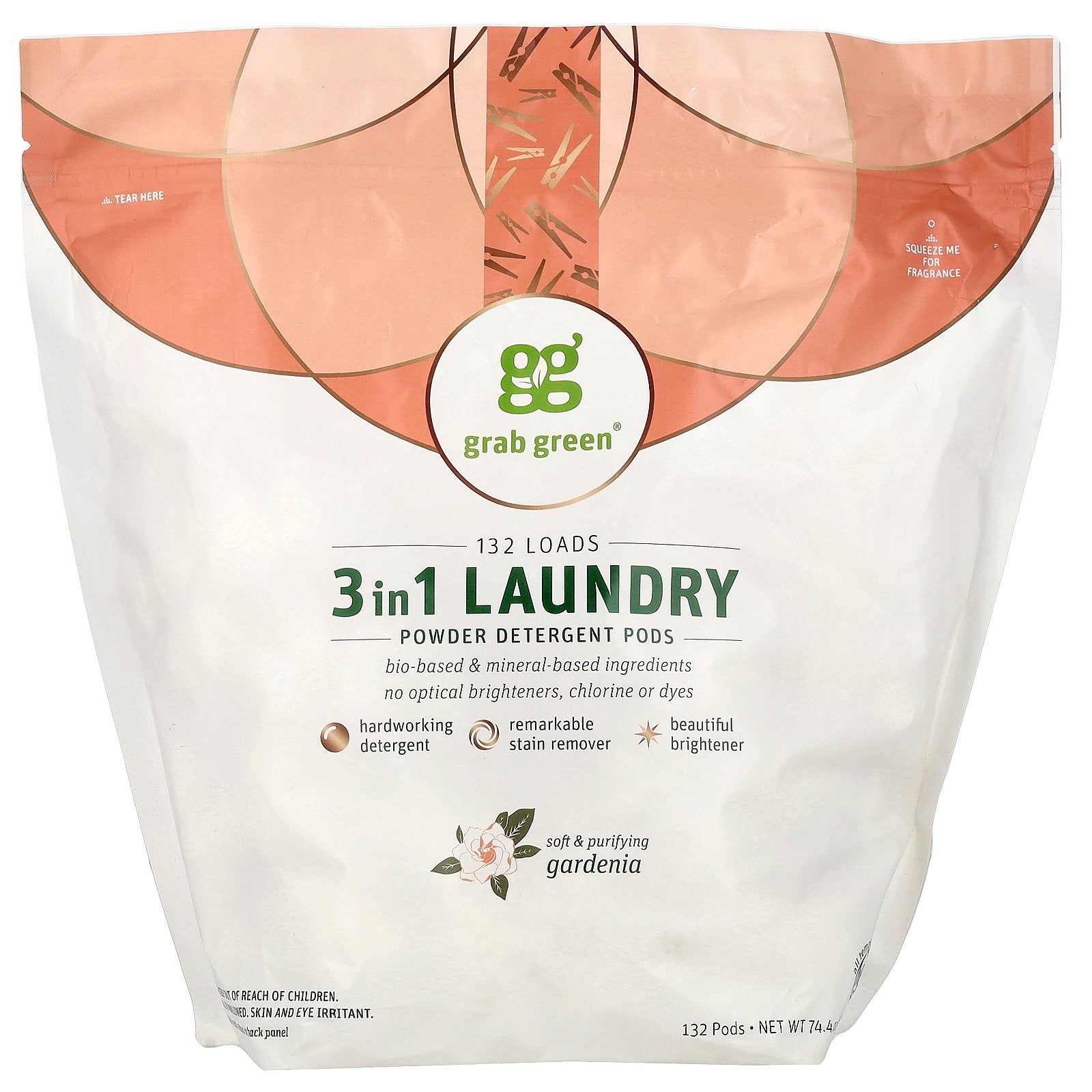 Grab Green, 3 in 1 Laundry Powder Detergent Pods, Gardenia, 132 Loads, 74.4 oz (2.1 kg)