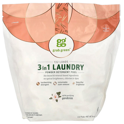 Grab Green, 3 in 1 Laundry Powder Detergent Pods, Gardenia, 132 Loads, 74.4 oz (2.1 kg)