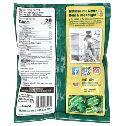 Honees, Soothing Throat Drops with Honey, Menthol & Eucalyptus, 20 Pieces, 3.5 oz (100 g)