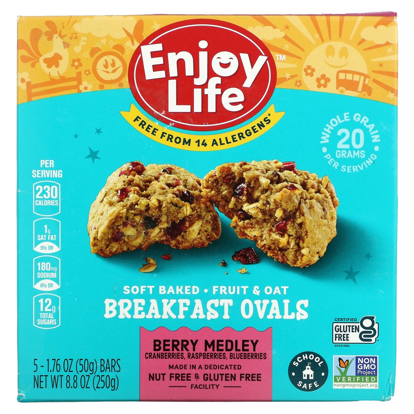 Enjoy Life Foods, Soft-Baked Fruit & Oat Breakfast Ovals, Berry Medley, 5 Bars, 1.76 oz (50 g) Each