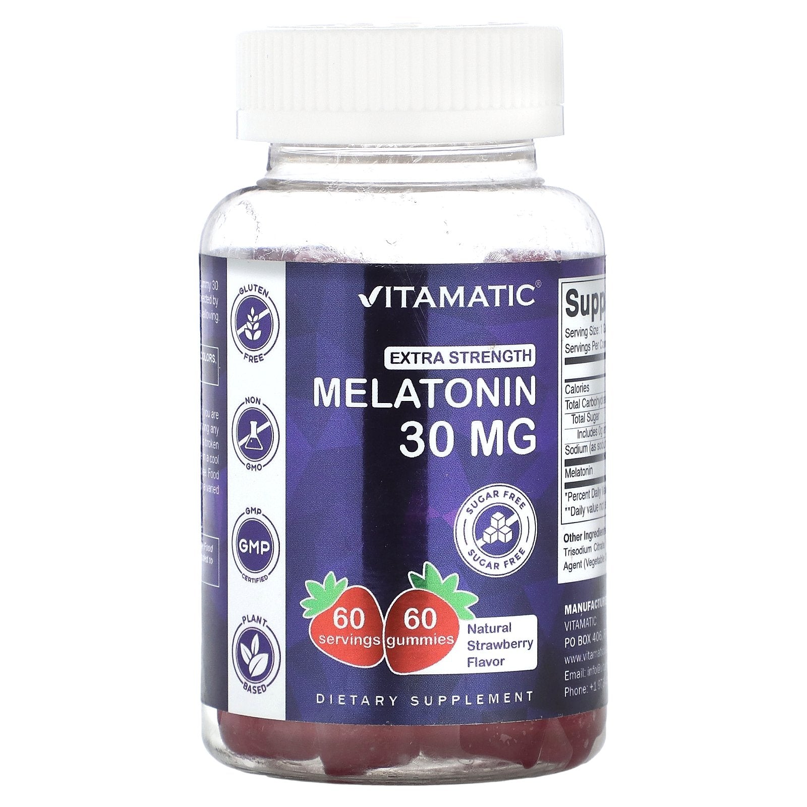 Vitamatic, Melatonin Gummies, Natural Strawberry, 30 mg, 60 Gummies