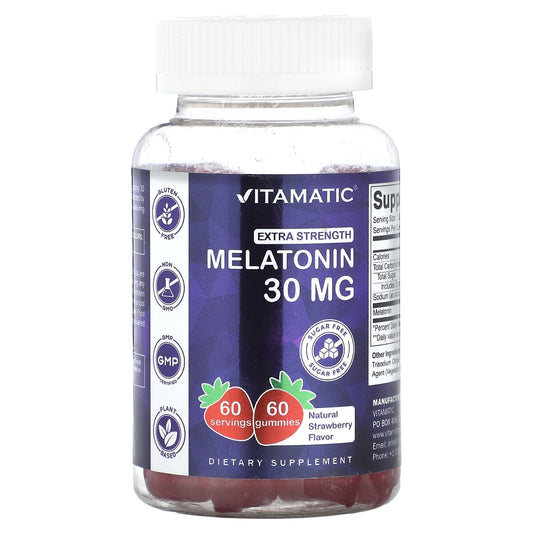 Vitamatic, Melatonin Gummies, Natural Strawberry, 30 mg, 60 Gummies