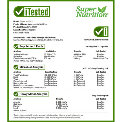 Super Nutrition, Akkermansia 30B PLUS Pasteurized A. Muciniphila with Berberine and OEA, 60  Veggie Capsules