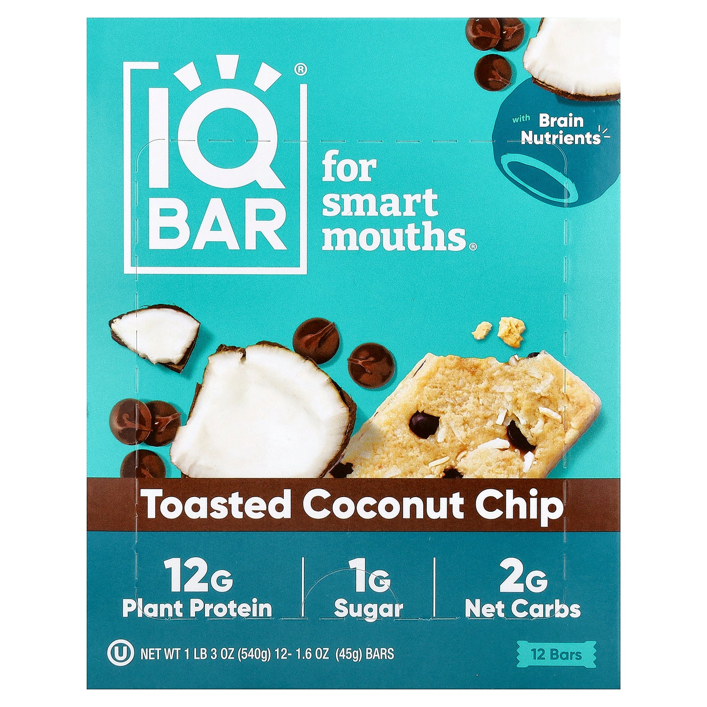 IQBAR, Plant Protein Bars, Toasted Coconut Chip, 12 Bars, 1.6 oz (45 g) Each