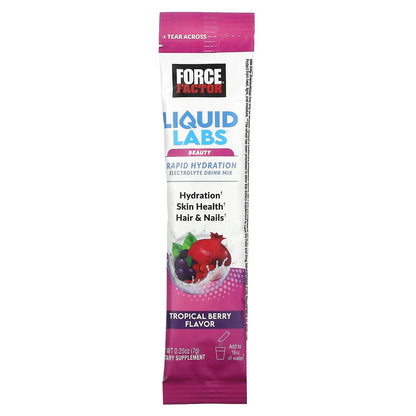 Force Factor, Liquid Labs™ Beauty, Rapid Hydration Electrolyte Drink Mix, Tropical Berry, 20 Stick Packs, 0.25 oz (7 g) Each