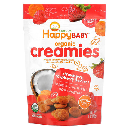 Happy Family Organics, Organic Creamies, Freeze-Dried Veggie, Fruit & Coconut Milk Snacks, Strawberry, Raspberry & Carrot, 1 oz (28 g)