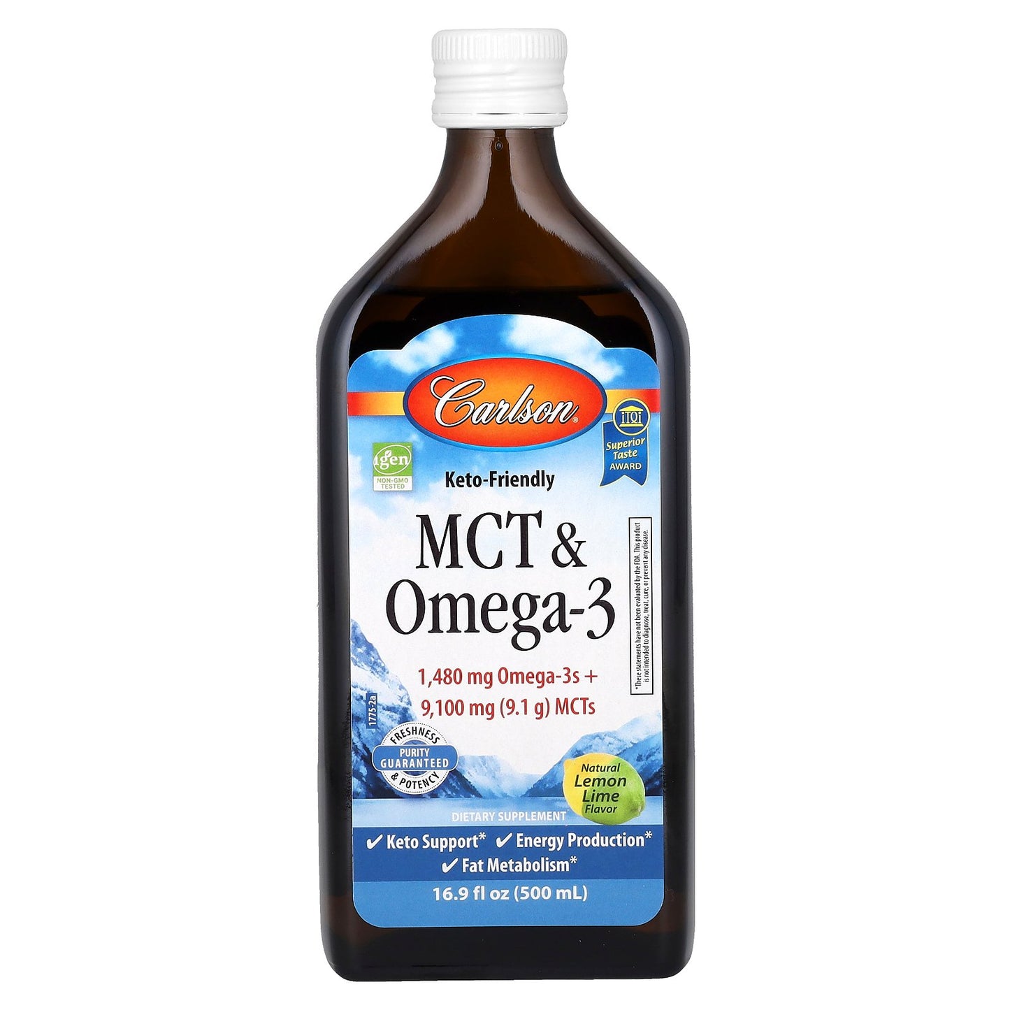 Carlson, MCT & Omega-3, Keto Friendly, Natural Lemon Lime, 16.9 fl oz (500 ml)