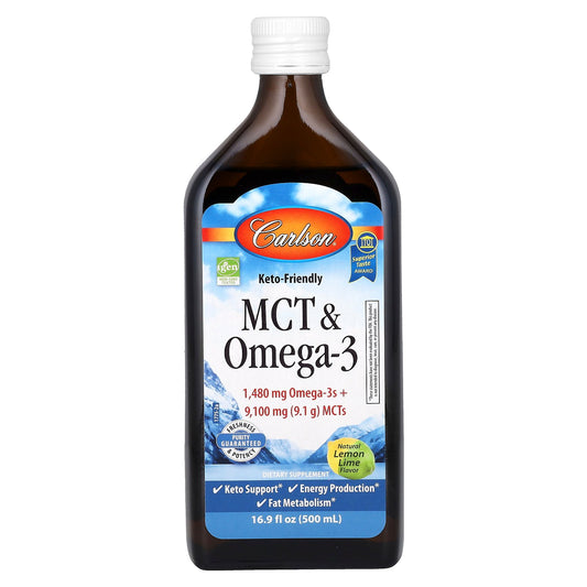 Carlson, MCT & Omega-3, Keto Friendly, Natural Lemon Lime, 16.9 fl oz (500 ml)