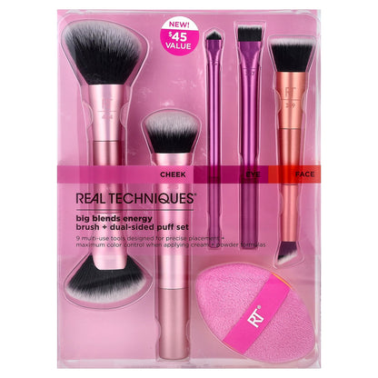 Real Techniques, Big Blends Energy, Brush + Dual-Sided Puff Set, 6 Piece Set