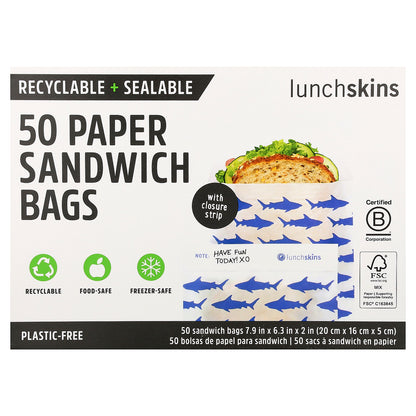 Lunchskins, Paper Sandwich Bags, Shark, 50 Bags