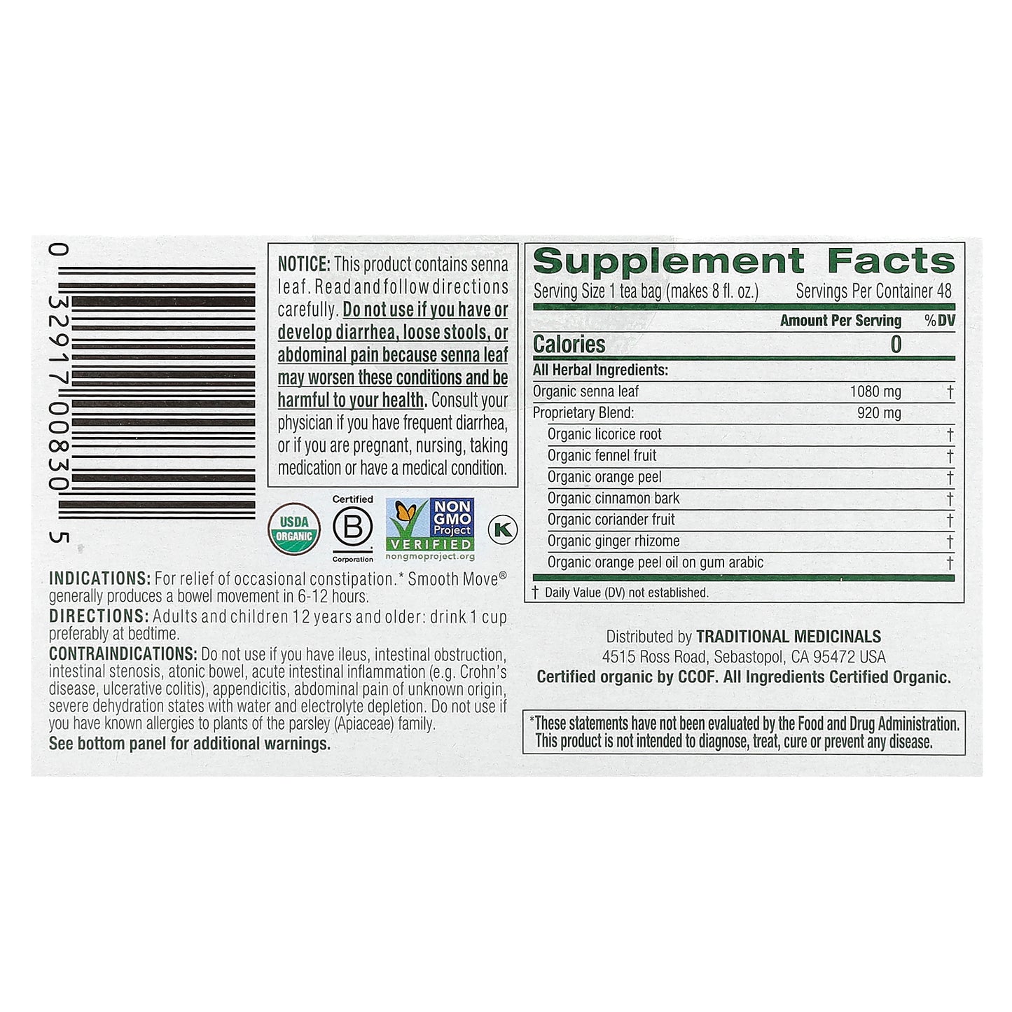 Traditional Medicinals, Organic Smooth Move®, Original with Senna, Caffeine Free, 48 Wrapped Tea Bags, 3.38 oz (96 g)