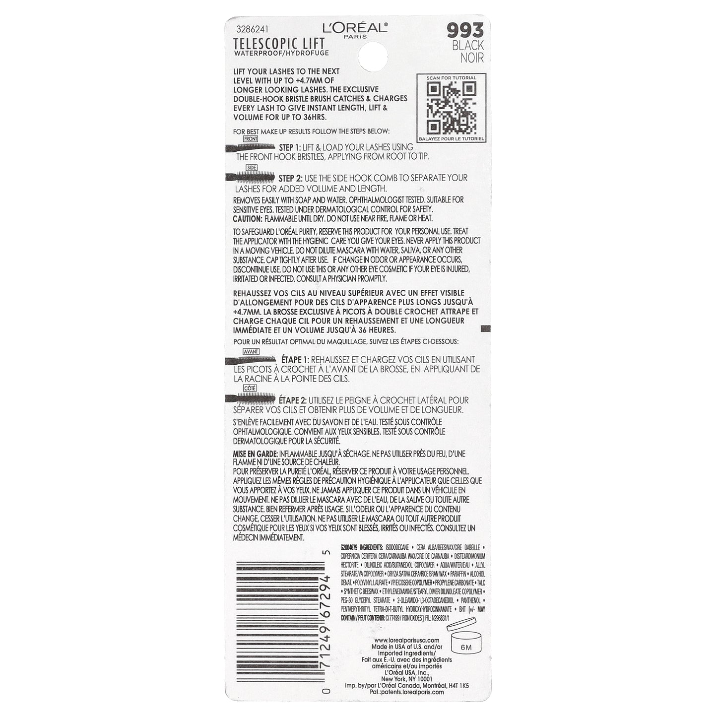 L'Oréal, Telescopic Lift, Waterproof Mascara, 993 Black, 0.33 fl oz (10 ml)