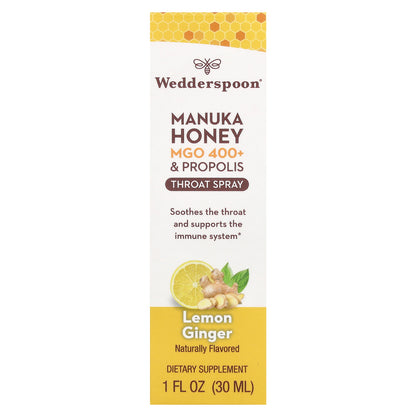 Wedderspoon, Manuka Honey & Propolis Throat Spray, Lemon Ginger, MGO 400+, 1 fl oz (30 ml)