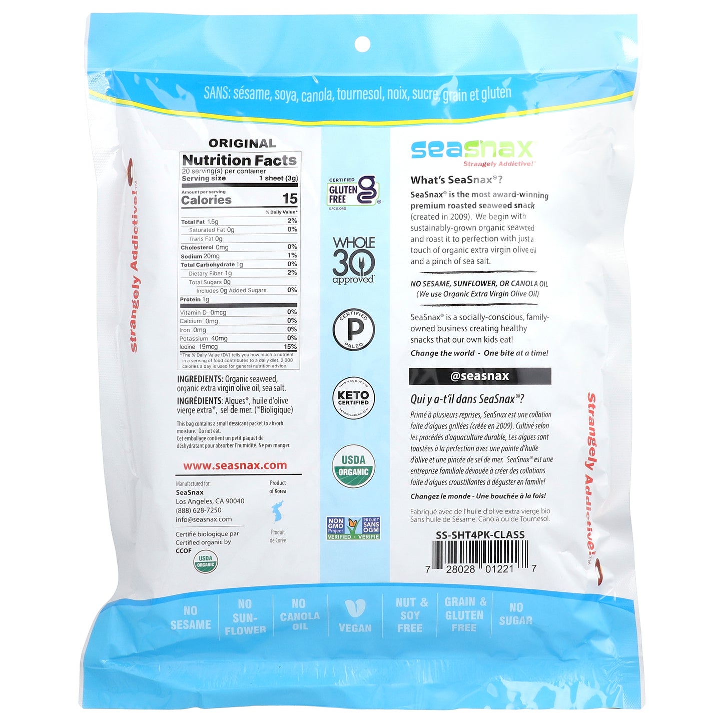 SeaSnax, Organic Roasted Seaweed Wrapz™, Olive Oil & Sea Salt, 20 Large Sheets, 2.16 oz (60 g)