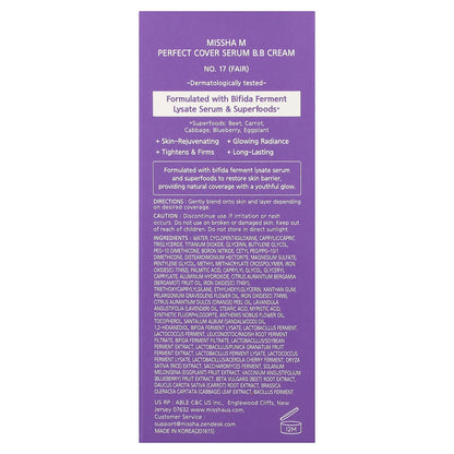 Missha, Perfect Cover Serum B.B Cream, No. 17 Fair, 1.18 fl oz (35 ml)