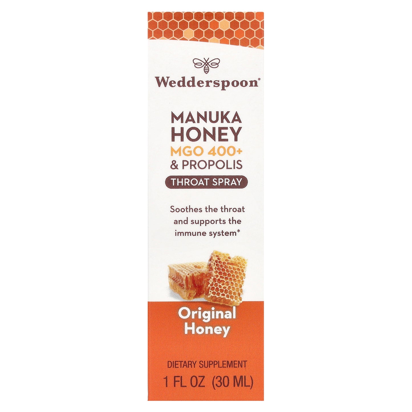 Wedderspoon, Manuka Honey & Propolis Throat Spray, Original Honey, MGO 400+, 1 fl oz (30 ml)