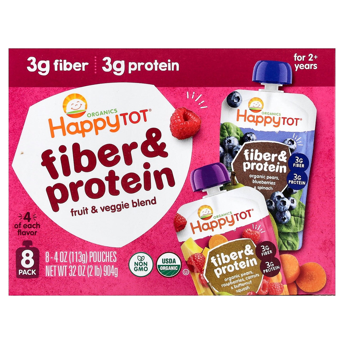 Happy Family Organics, Happy Tot®, Fiber & Protein, For 2+ Years, Variety Pack, 8 Pouches, 4 oz (113 g) Each
