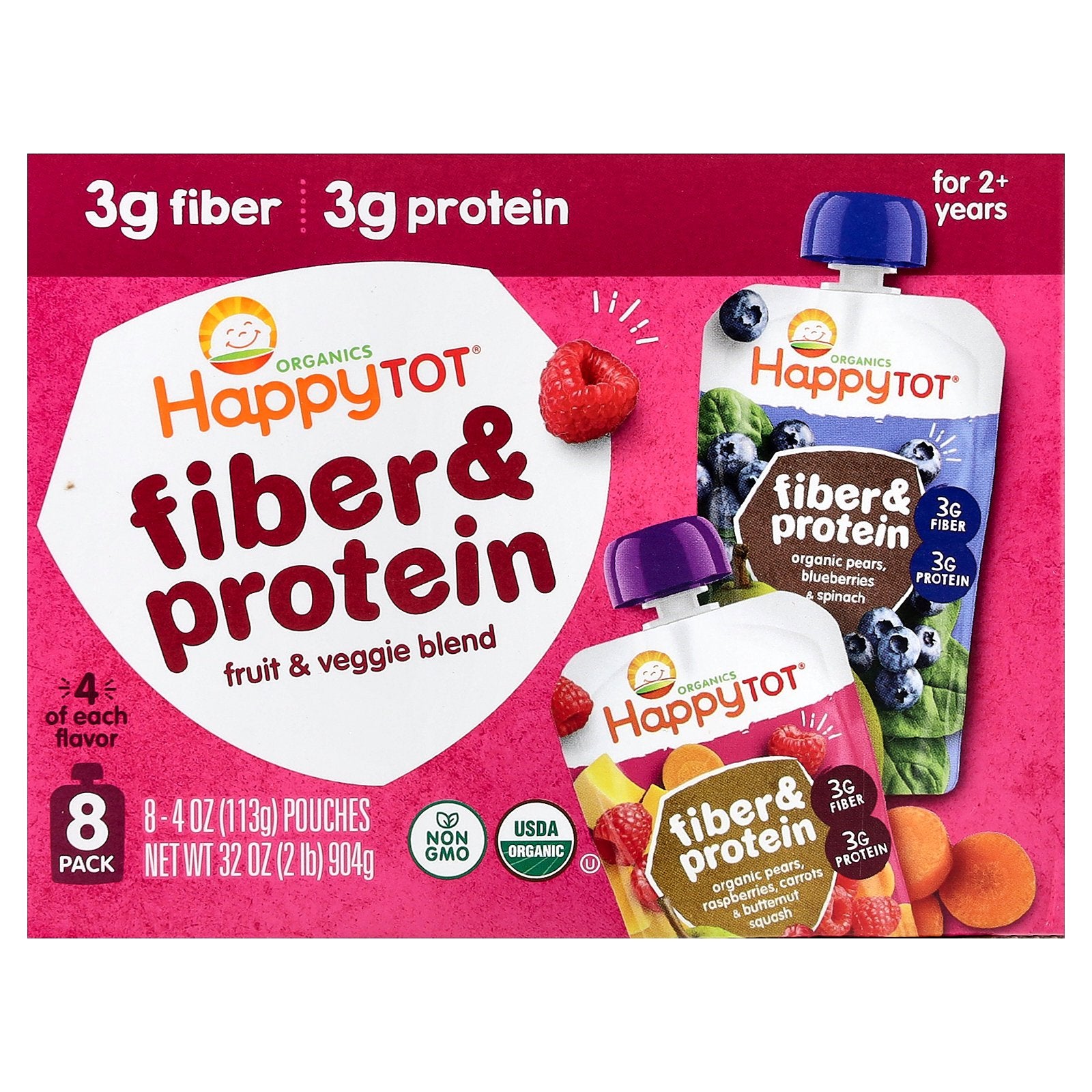 Happy Family Organics, Happy Tot®, Fiber & Protein, For 2+ Years, Variety Pack, 8 Pouches, 4 oz (113 g) Each