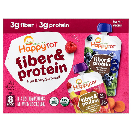 Happy Family Organics, Happy Tot®, Fiber & Protein, For 2+ Years, Variety Pack, 8 Pouches, 4 oz (113 g) Each