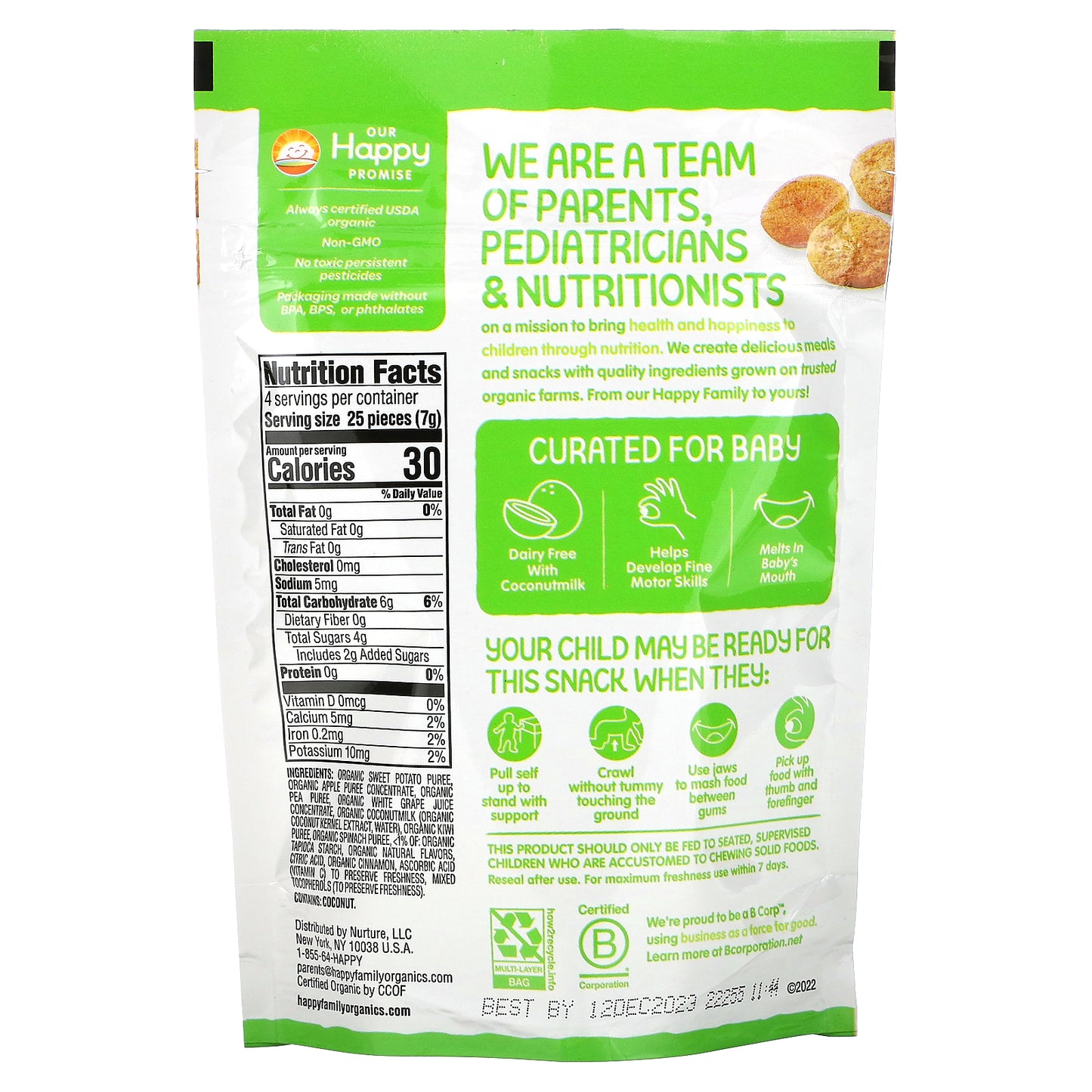 Happy Family Organics, Creamies, Freeze-Dried Veggie, Fruit & Coconut Milk Snacks, Apple, Spinach, Pea & Kiwi, 1 oz (28 g)