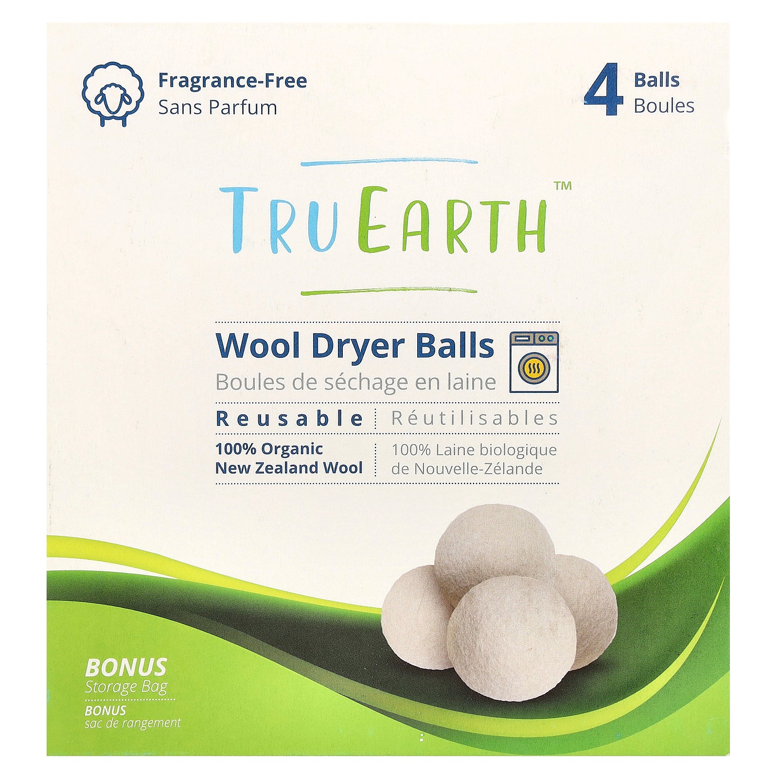 Tru Earth, Wool Dryer Balls, Fragrance-Free, 4 Balls