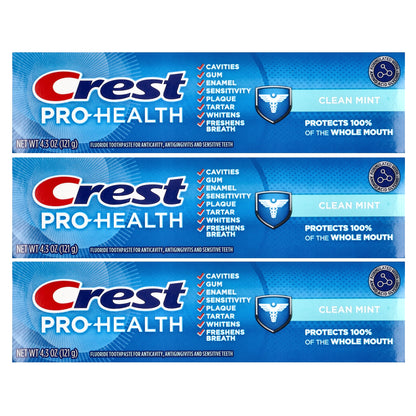Crest, Pro-Health, Fluoride Toothpaste, Clean Mint, 3 Pack, 4.3 oz (121 g) Each