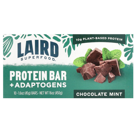 Laird Superfood, Protein Bar + Adaptogens, Chocolate Mint, 10 Bars, 1.6 oz (45 g) Each