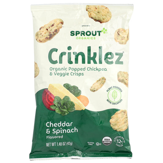 Sprout Organics, Crinklez®, Organic Popped Chickpea & Veggie Crisps, 12 Months & Up, Cheddar & Spinach, 1.48 oz (42 g)