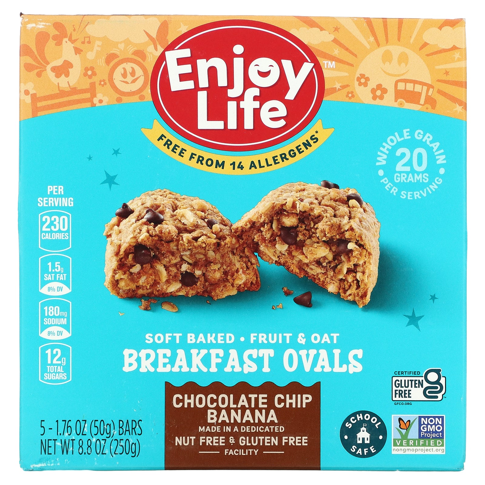 Enjoy Life Foods, Soft-Baked Fruit & Oat Breakfast Ovals, Chocolate Chip Banana, 5 Bars, 1.76 oz (50 g) Each