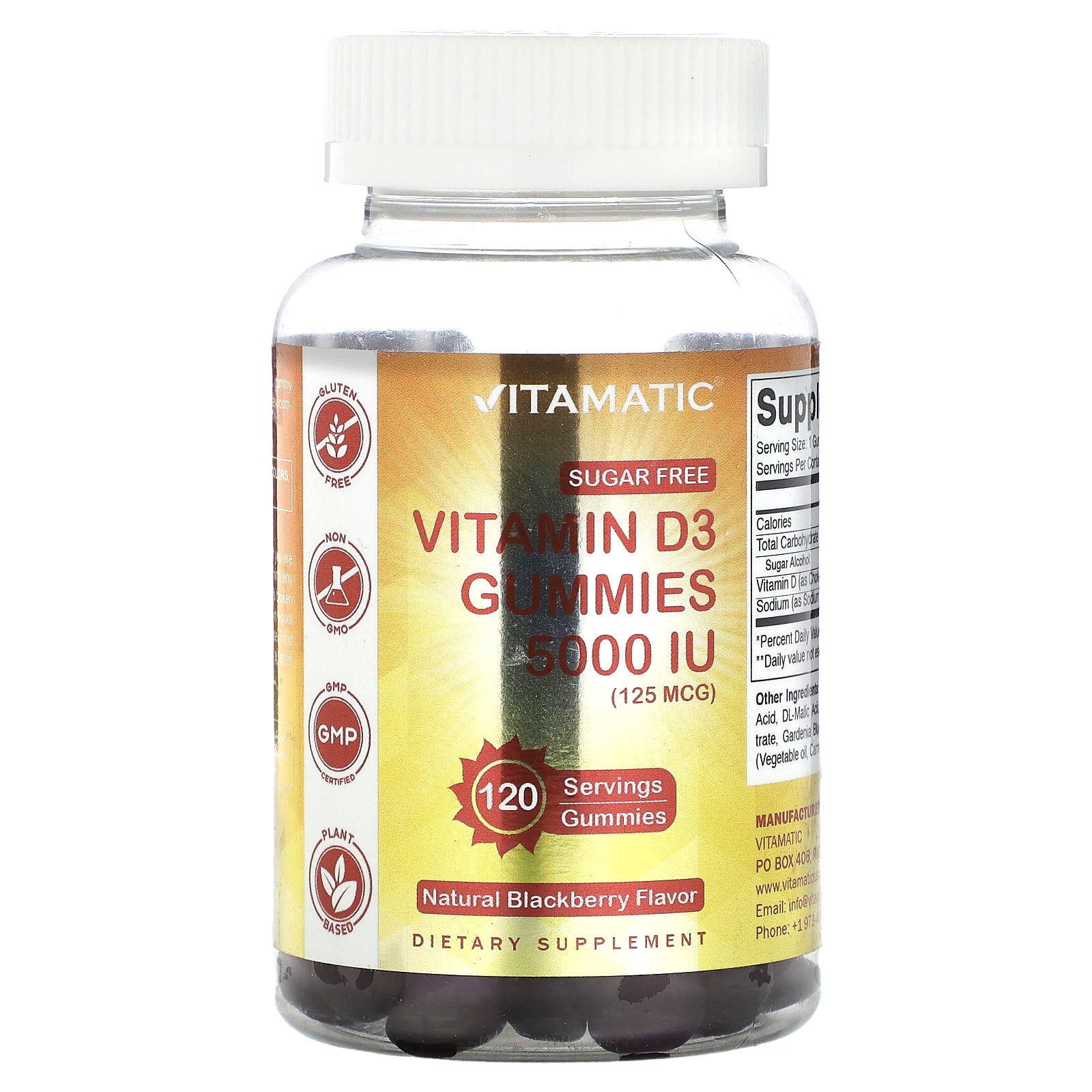 Vitamatic, Sugar Free Vitamin D3 Gummies, Natural Blackberry, 125 mcg (5,000 IU ), 120 Gummies