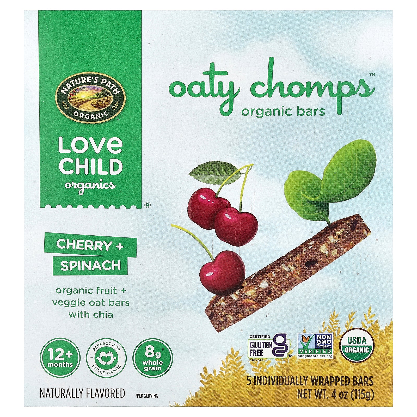 Love Child Organics, Nature's Path, Oaty Chomps™ Organic Bars, 12+ Months, Cherry + Spinach, 5 Individually Wrapped Bars, 0.8 oz (23 g) Each