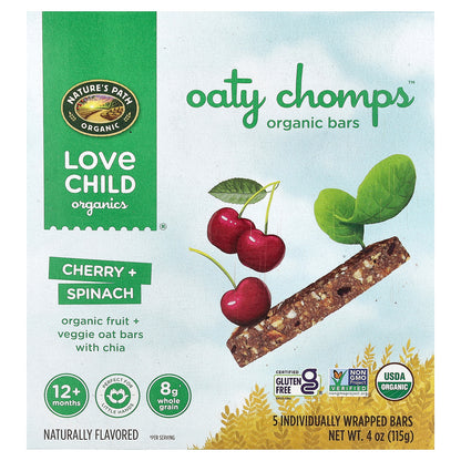 Love Child Organics, Nature's Path, Oaty Chomps™ Organic Bars, 12+ Months, Cherry + Spinach, 5 Individually Wrapped Bars, 0.8 oz (23 g) Each