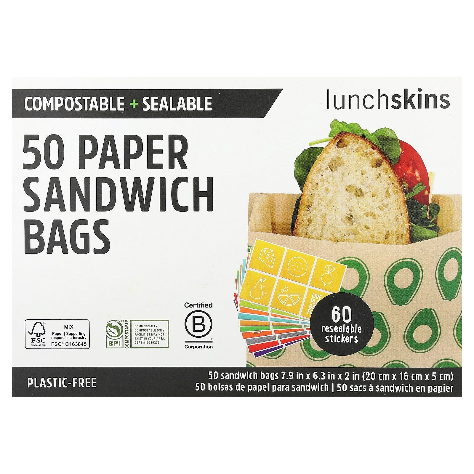 Lunchskins, Paper Sandwich Bags, Avocado, 50 Bags