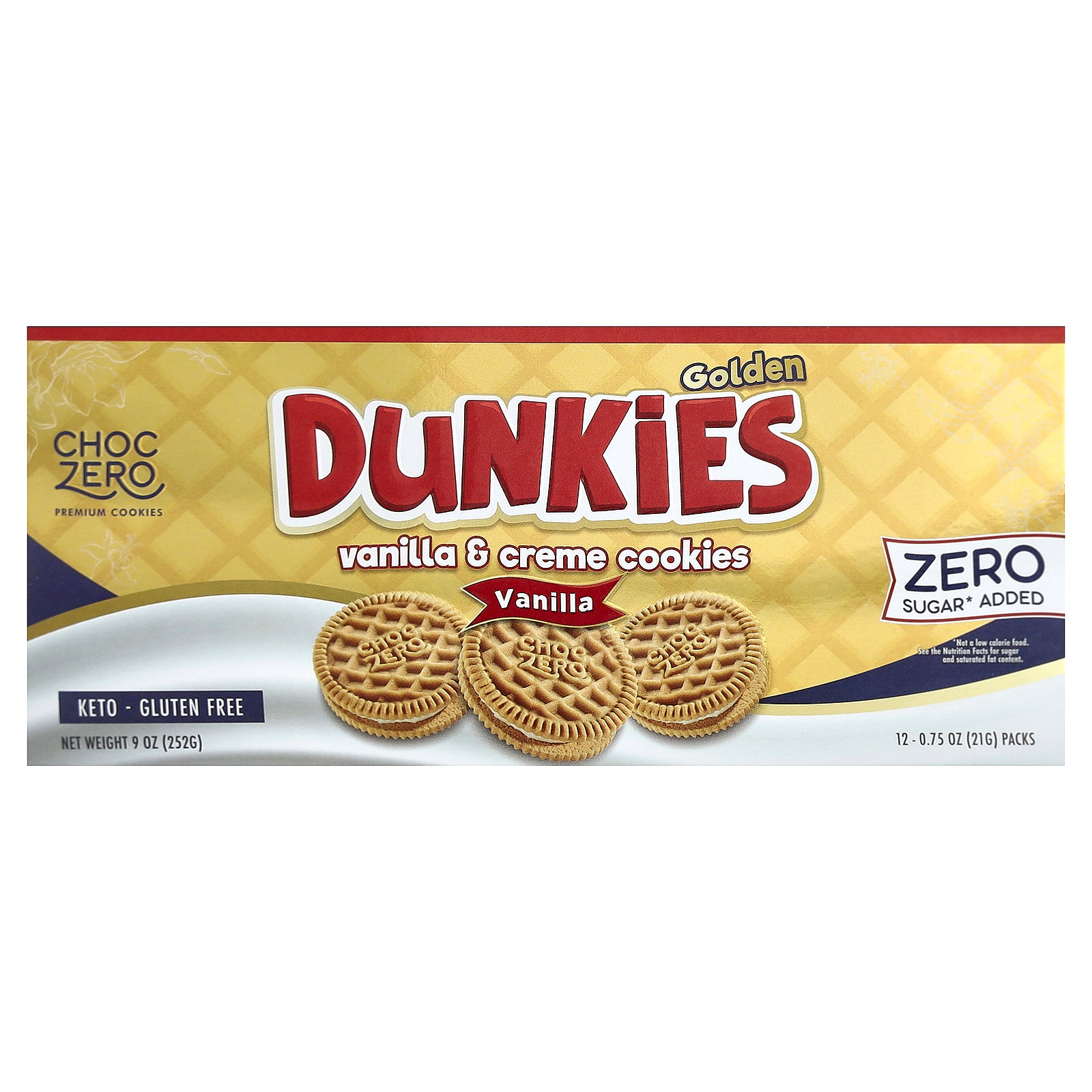 ChocZero, Premium Cookies, Golden Dunkies, Vanilla & Creme Cookies, Vanilla, 12 Packs, 0.75 oz (21 g) Each