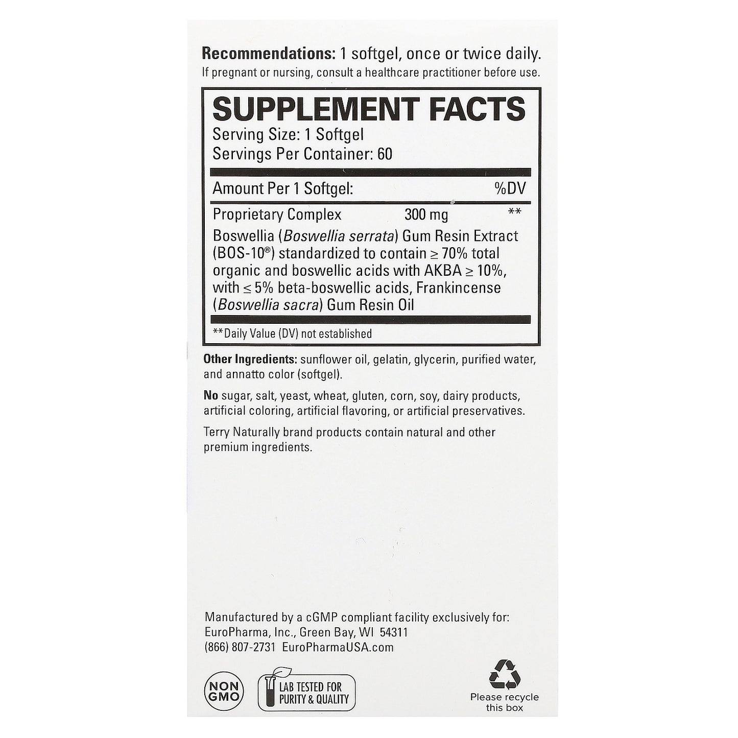 Terry Naturally, Boswellia Plus Frankincense Oil, 60 Softgels