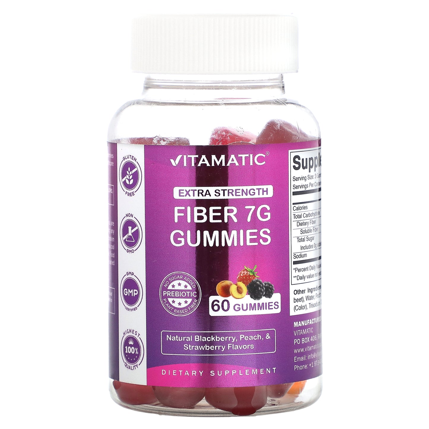 Vitamatic, Fiber Gummies, Natural Blackberry, Peach, & Strawberry, 60 Gummies
