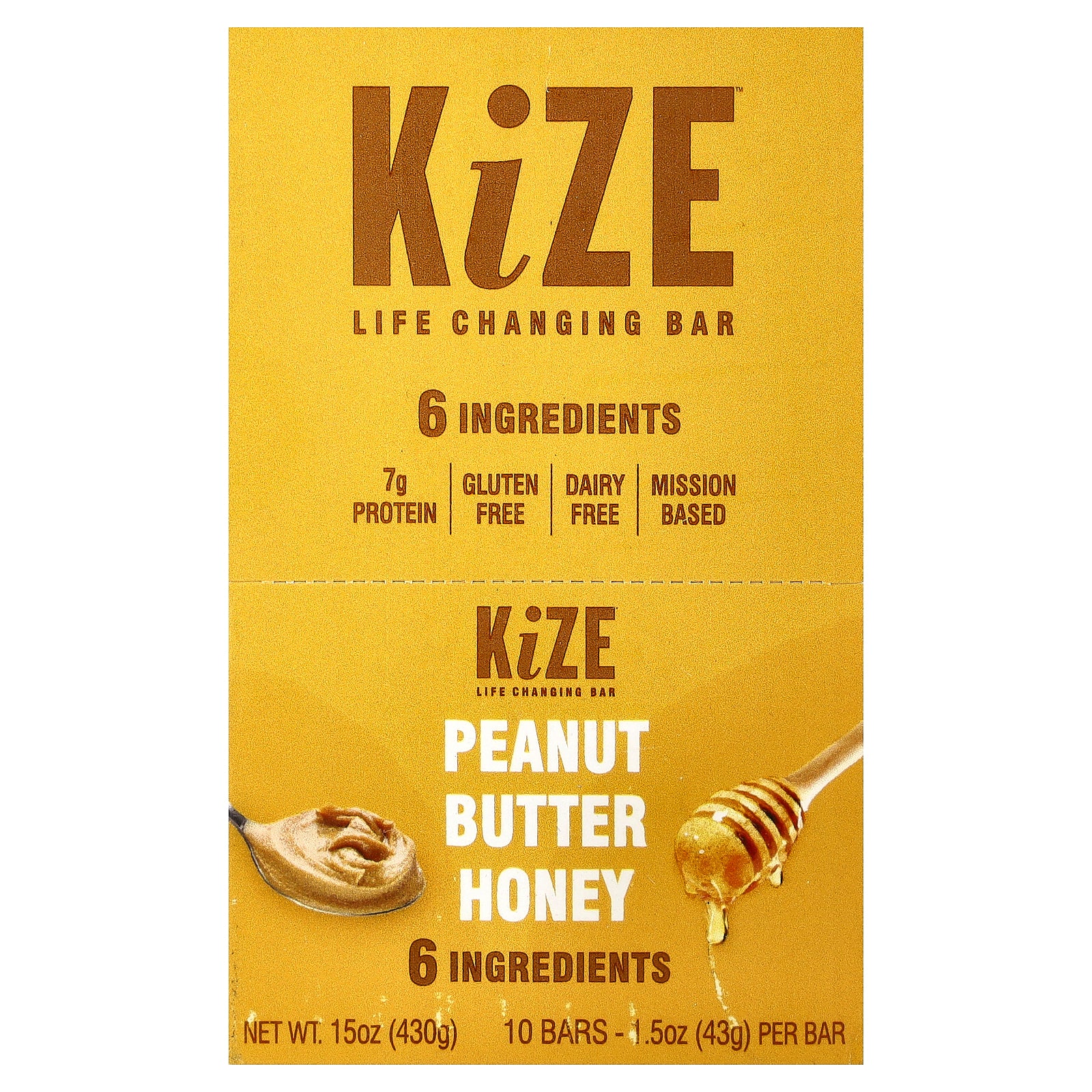 KiZE Life Changing Bar, Peanut Butter Honey, 10 Bars, 1.5 oz (43 g) Each