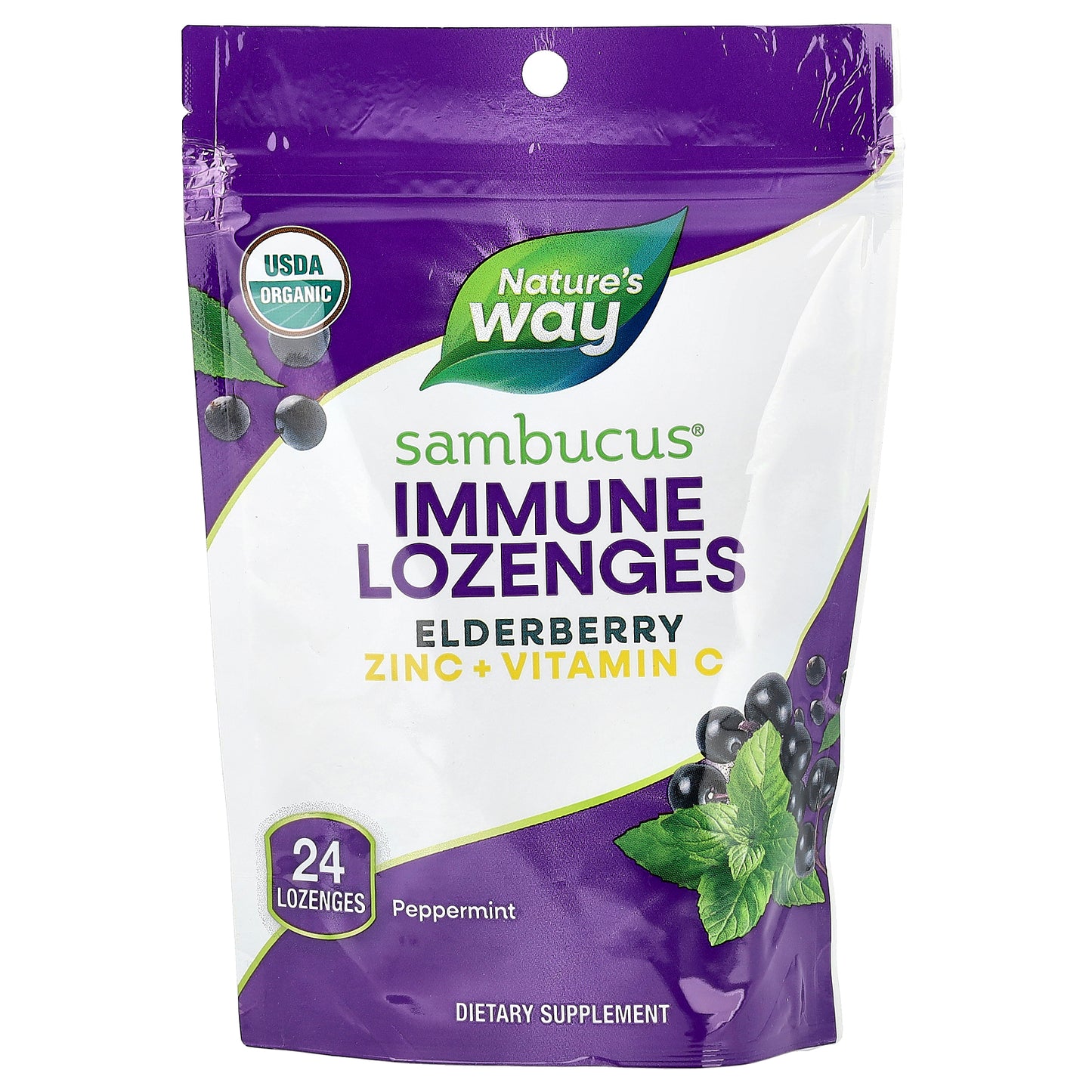 Nature's Way, Sambucus® Immune Lozenges, Elderberry Zinc + Vitamin C, Peppermint, 24 Lozenges