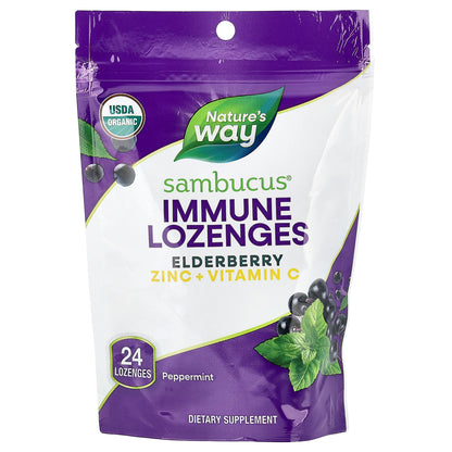 Nature's Way, Sambucus® Immune Lozenges, Elderberry Zinc + Vitamin C, Peppermint, 24 Lozenges