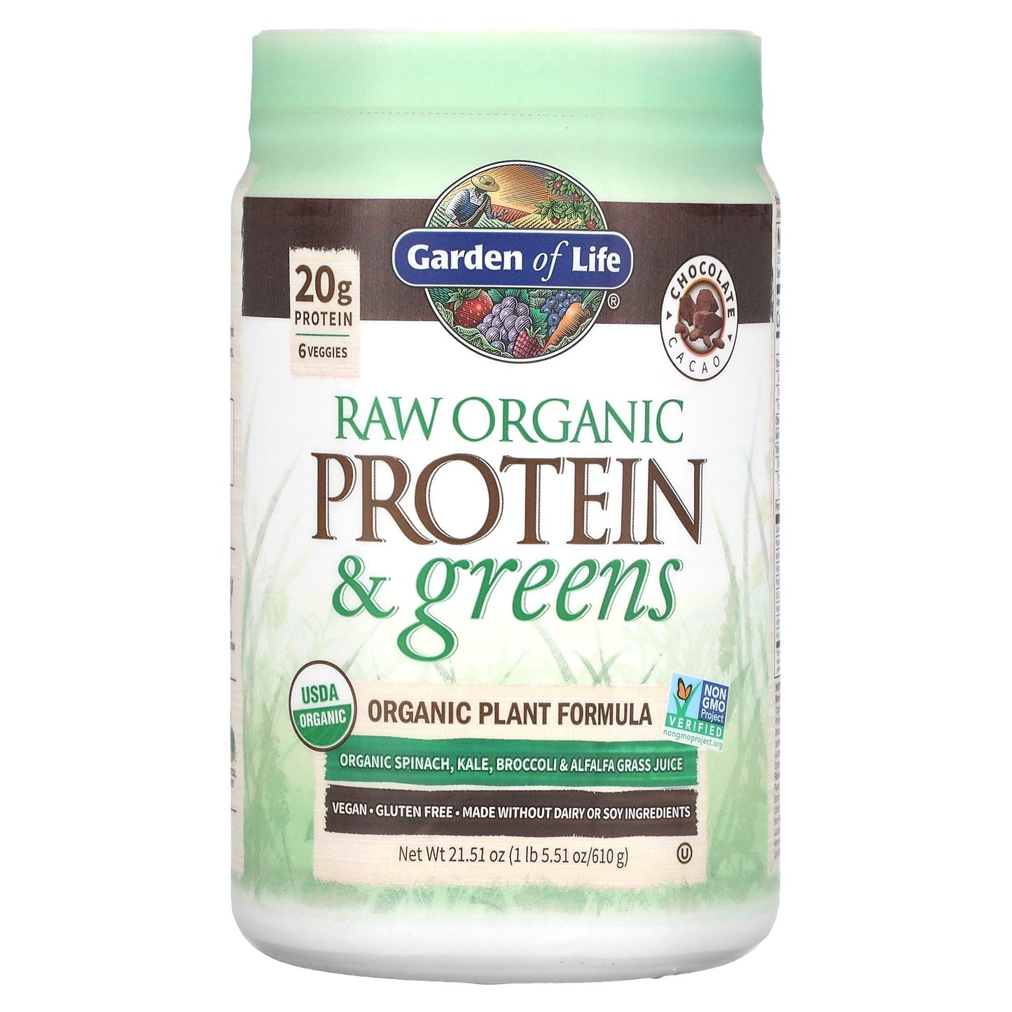 Garden of Life, RAW Organic Protein & Greens, Plant Formula, Chocolate Cacao, 21.51 oz (610 g)