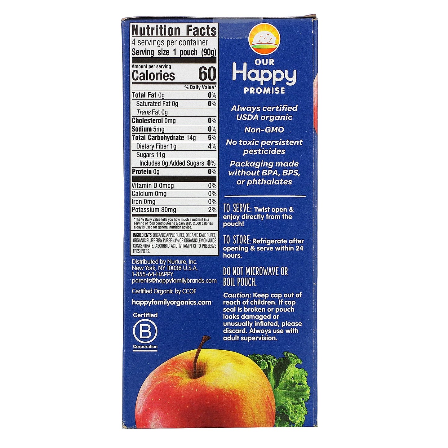 Happy Family Organics, Happy Kid, Organic Apple, Kale, & Blueberry, 4 Pouches, 3.17 oz (90 g) Each