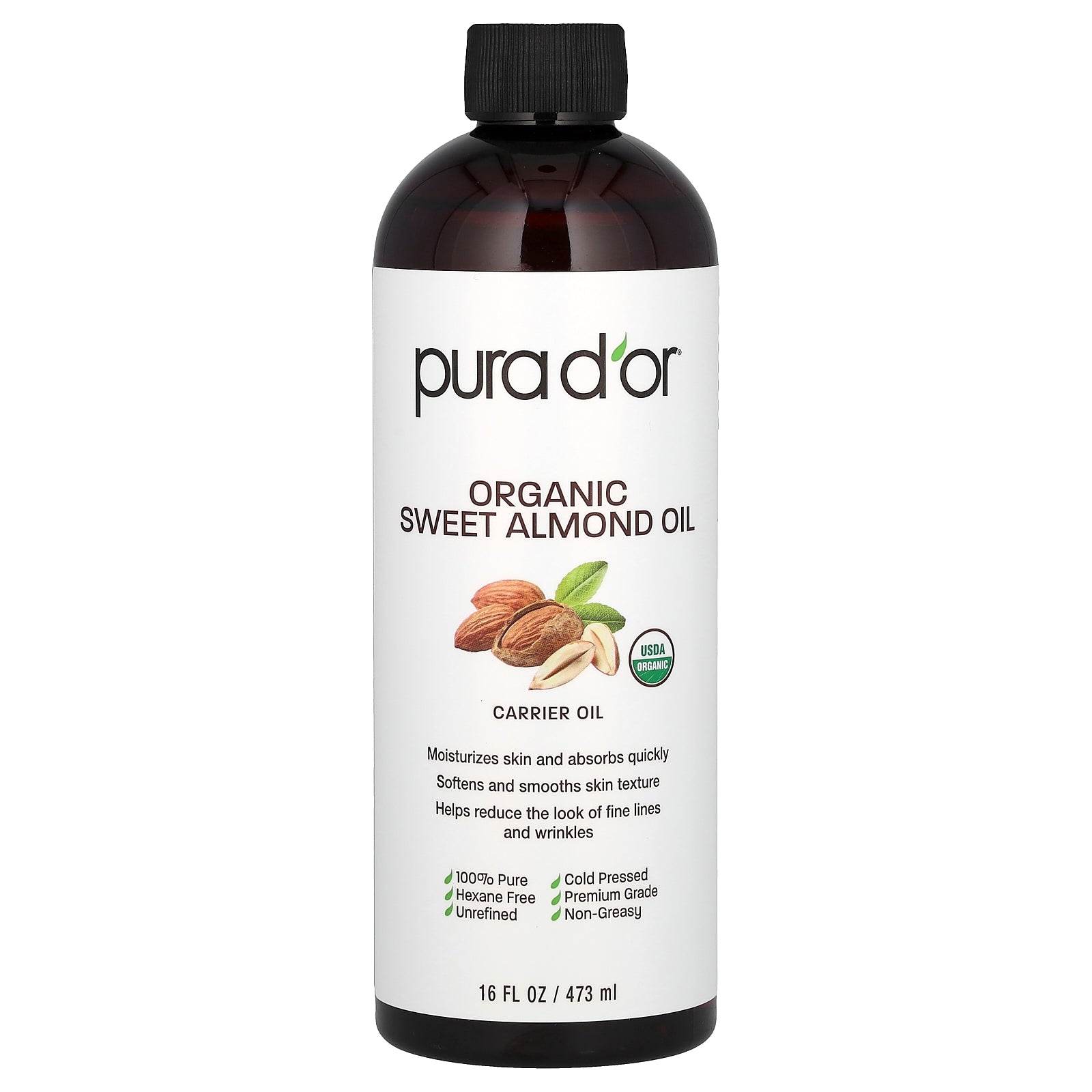 Pura D'or, Organic Sweet Almond Oil, 16 fl oz (473 ml)