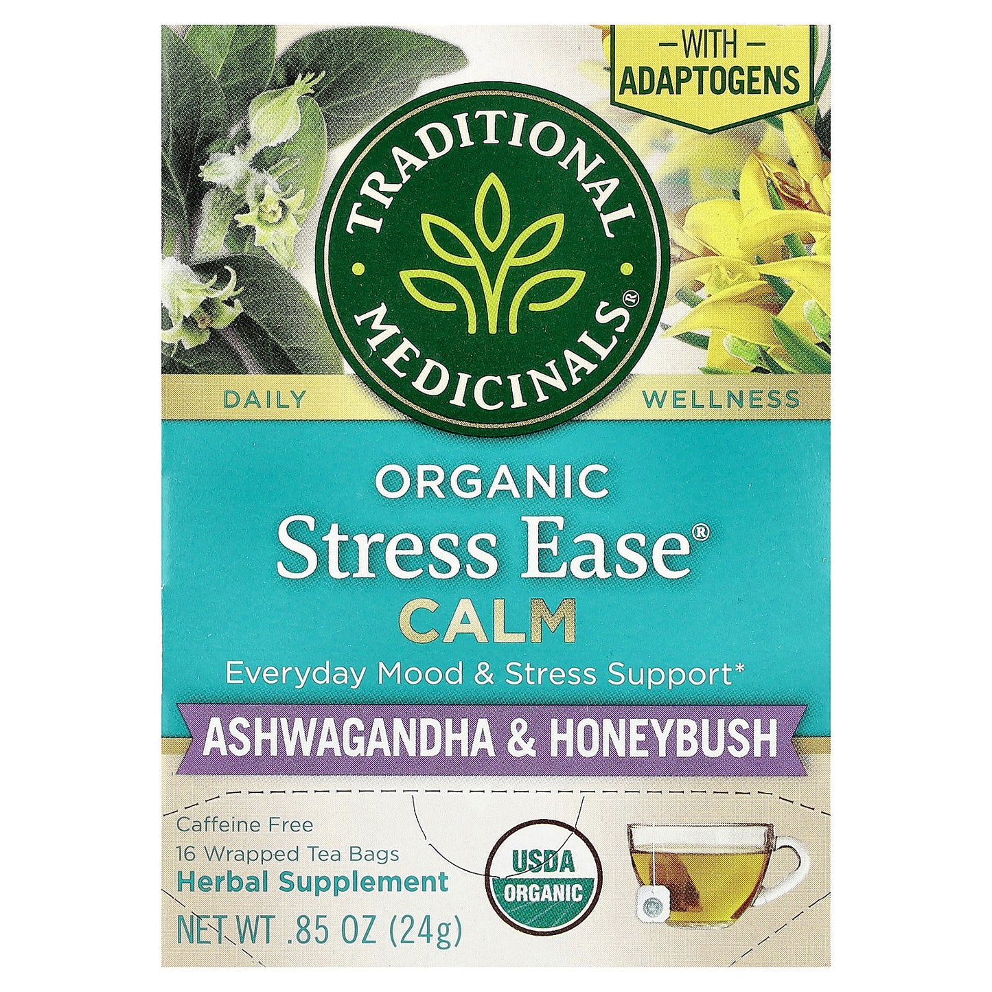 Traditional Medicinals, Organic Stress Ease® Calm, Ashwagandha & Honeybush, Caffeine Free, 16 Wrapped Tea Bags, 0.85 oz (24 g)