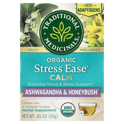 Traditional Medicinals, Organic Stress Ease® Calm, Ashwagandha & Honeybush, Caffeine Free, 16 Wrapped Tea Bags, 0.85 oz (24 g)