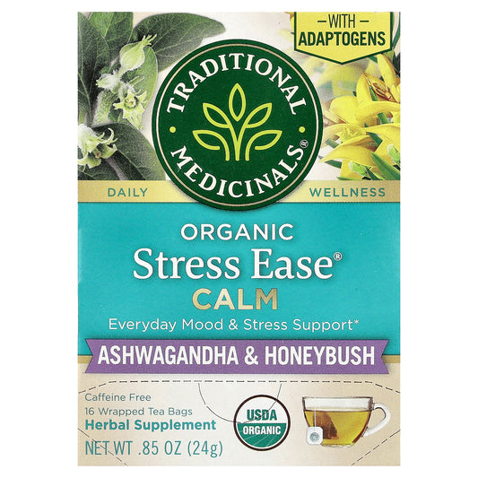 Traditional Medicinals, Organic Stress Ease® Calm, Ashwagandha & Honeybush, Caffeine Free, 16 Wrapped Tea Bags, 0.85 oz (24 g)