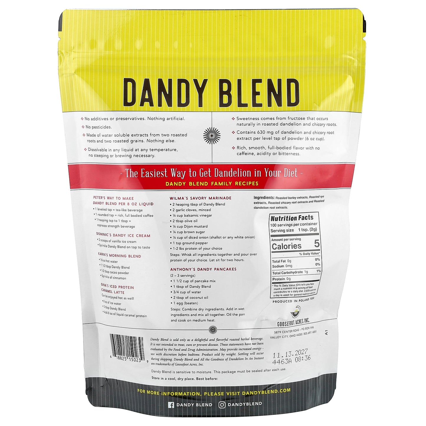 Dandy Blend, Instant Herbal Beverage with Dandelion, Caffeine Free, 7.05 oz (200 g)