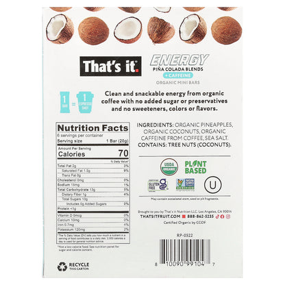 That's It, Energy, Organic Mini Bars, Pina Colada Blends, 6 Mini Bars, 0.7 oz (20 g) Each