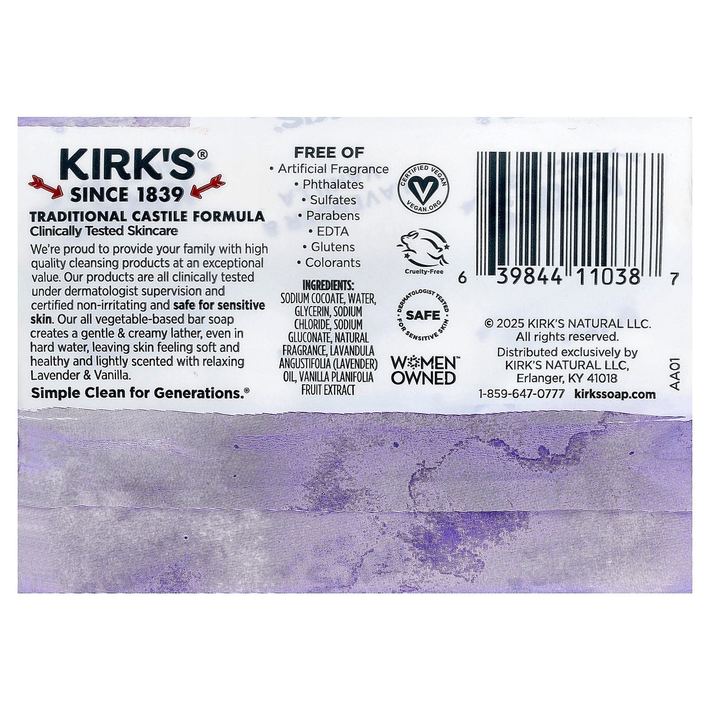 Kirk's, 100% Premium Coconut Oil Castile Bar Soap, Lavender & Vanilla, 3 Bars, 4 oz (113 g) Each