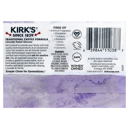 Kirk's, 100% Premium Coconut Oil Castile Bar Soap, Lavender & Vanilla, 3 Bars, 4 oz (113 g) Each
