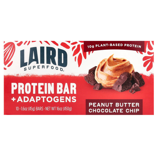 Laird Superfood, Protein Bar + Adaptogens, Peanut Butter Chocolate Chip, 10 Bars, 1.6 oz (45 g) Each